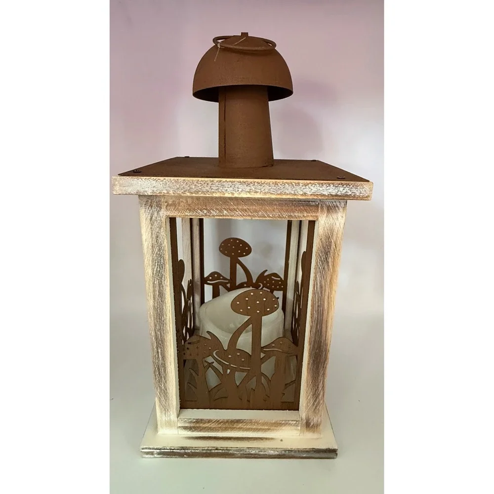 Rustic Mushroom Forest LED Lantern Wood Metal Woodland Flameless Candle New